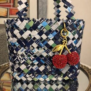Vintage Y2K Candy Wrapper Woven Tote Bag + NEW Cherry Bag Charm | Recycled